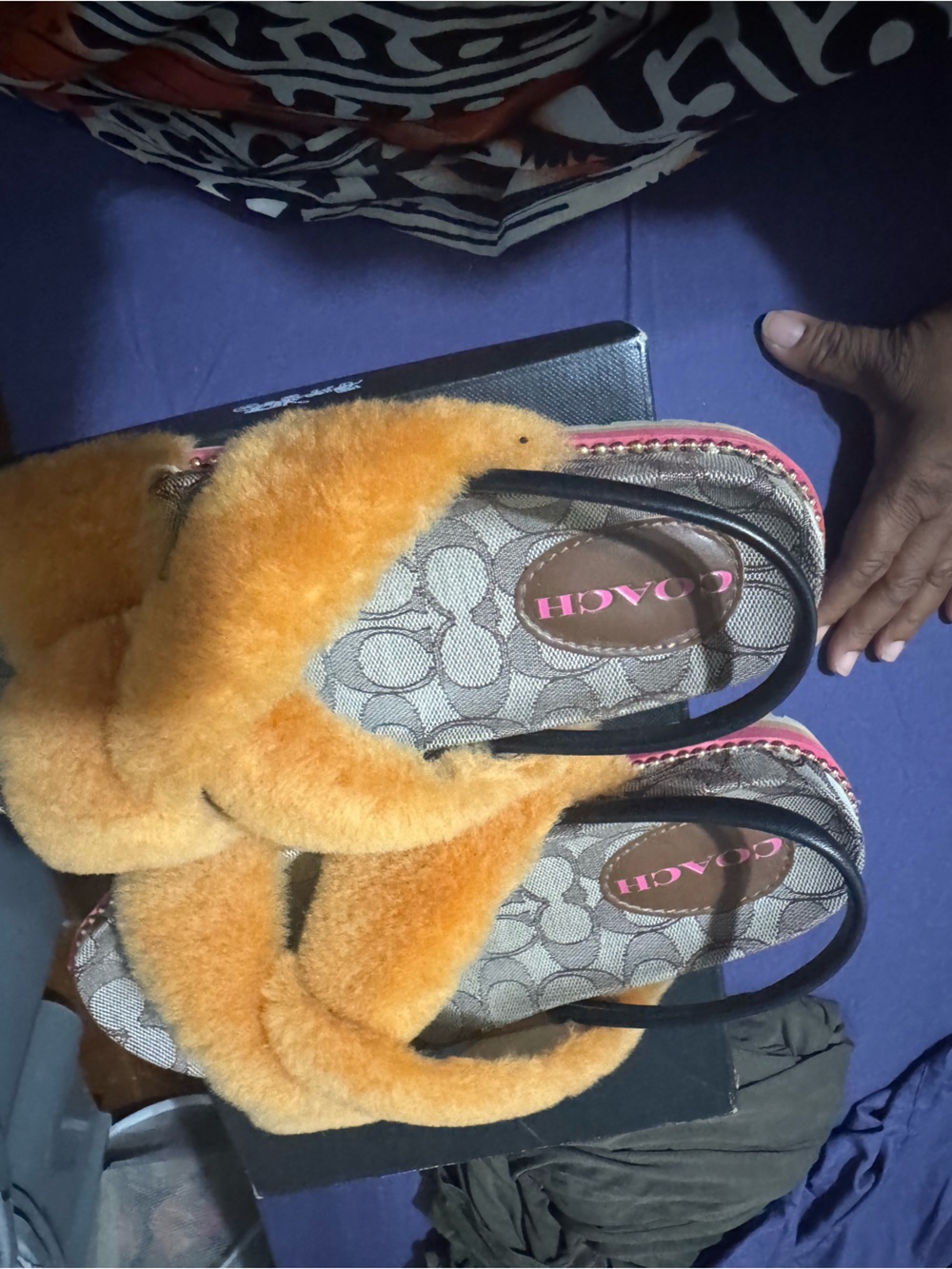 Coach Women's Orange Fuzzy Slide Sandals with Logo Footbed